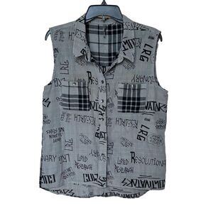 LRG Shirt Womens Large Sleeveless Button Up Graffiti Grunge Punk Streetwear